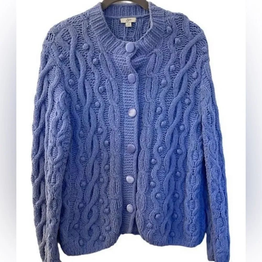 J Jill women’s pastel blue cableknit woven pom-pom cardigan size XS